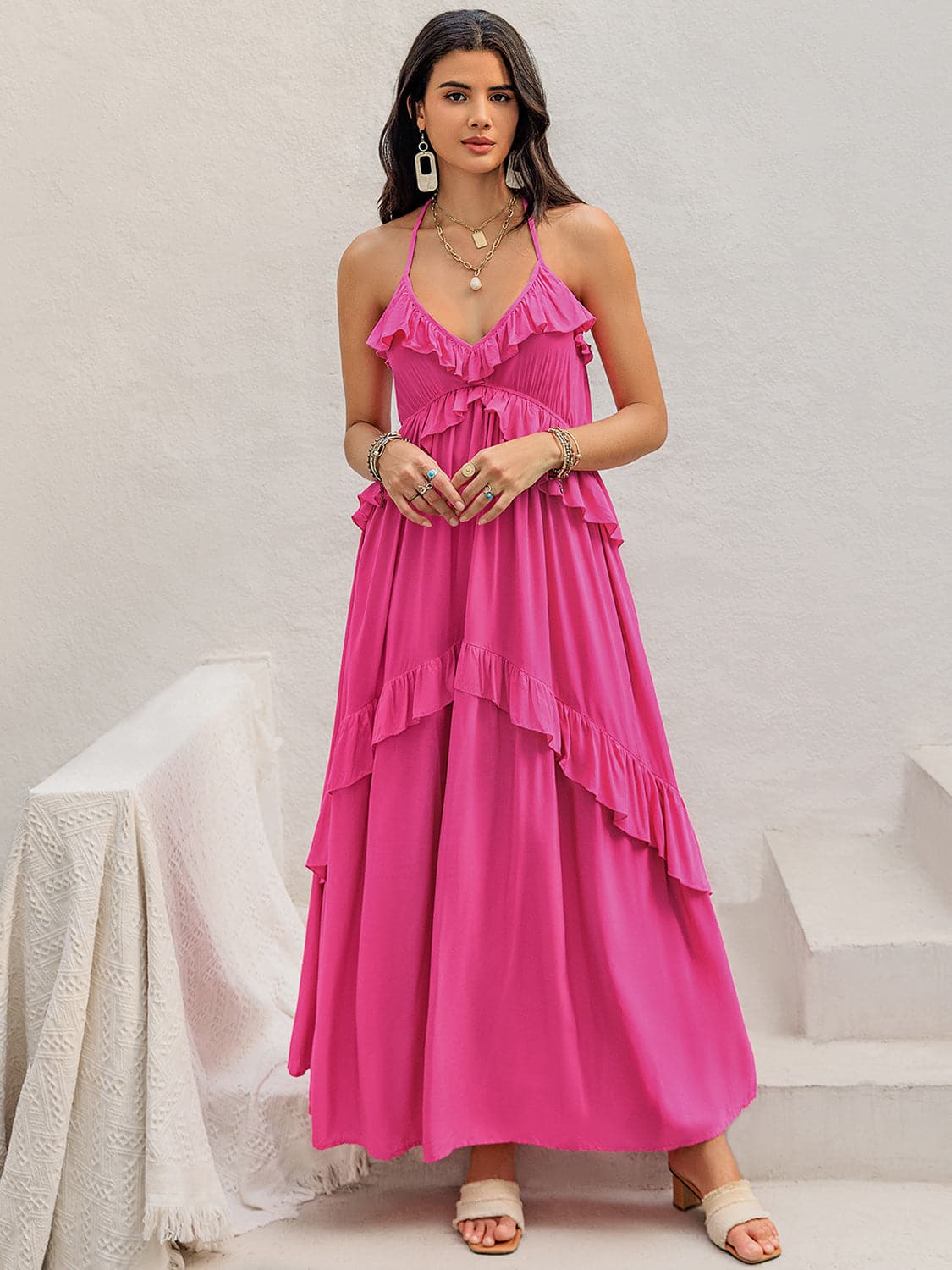 Ruffled Halter Neck Sleeveless Maxi Dress.