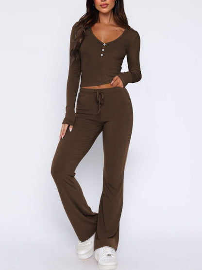 Chic V-neck long sleeve top and matching pants set