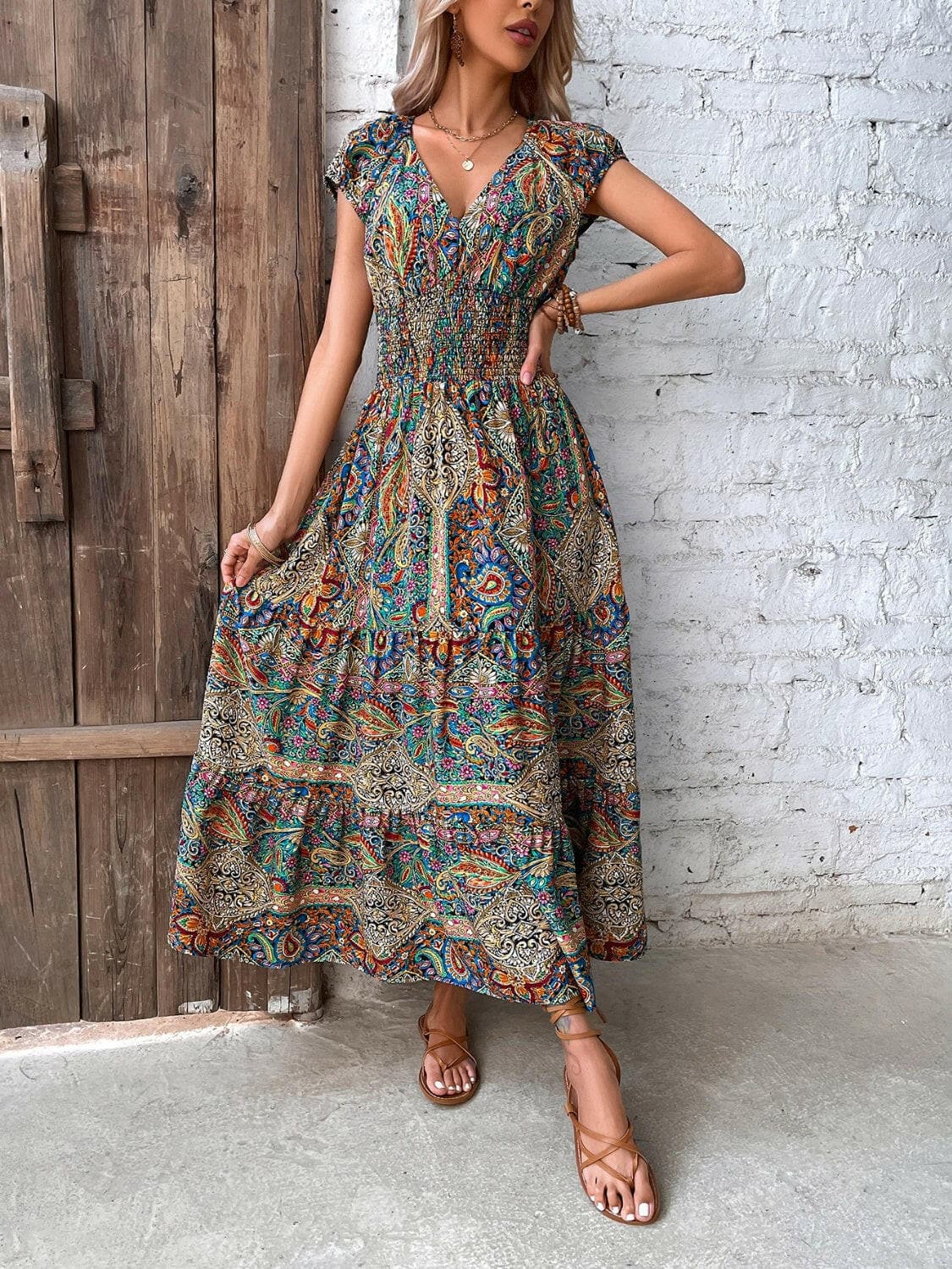 Smocked Printed Cap Sleeve Midi Dress.