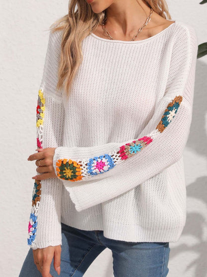 Crochet floral long sleeve knit sweater