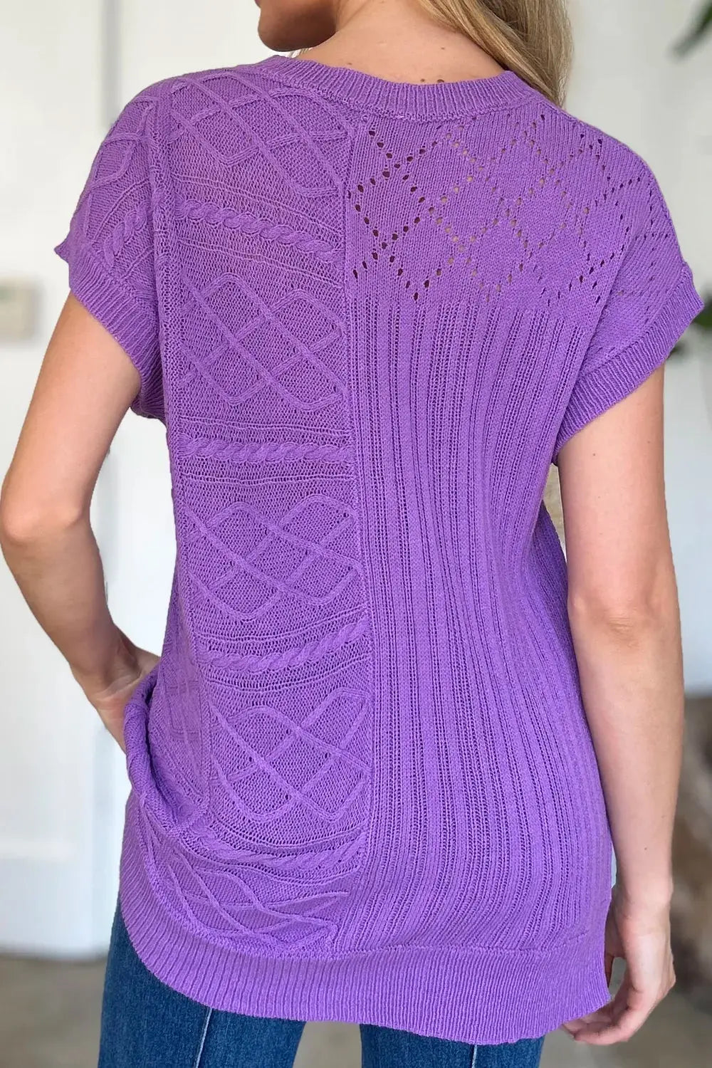 Double Take Full Size Cable-Knit Round Neck Cap Sleeve Sweater - Love Salve