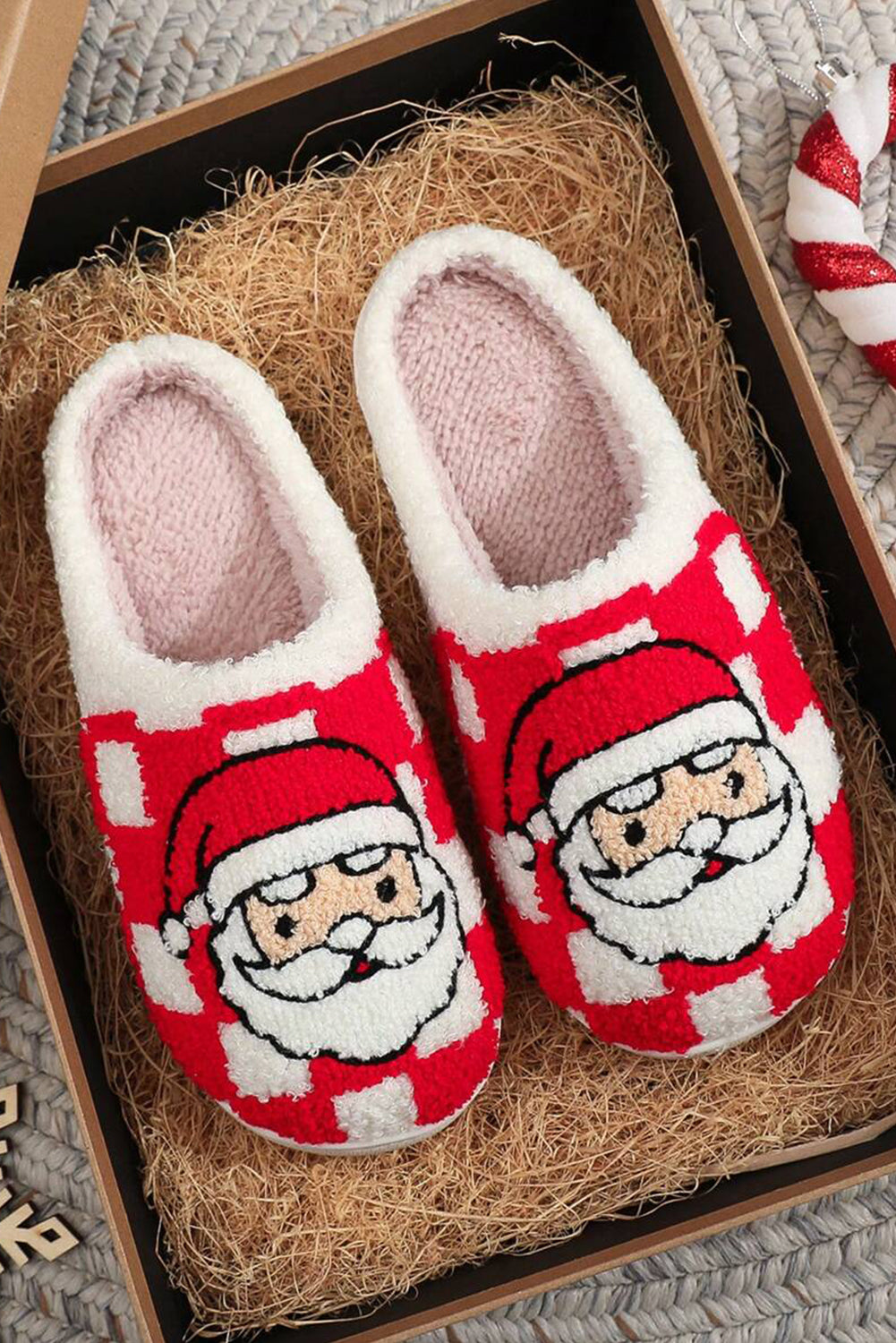 Fiery red checkered Santa Claus graphic plush home slippers in cozy design.