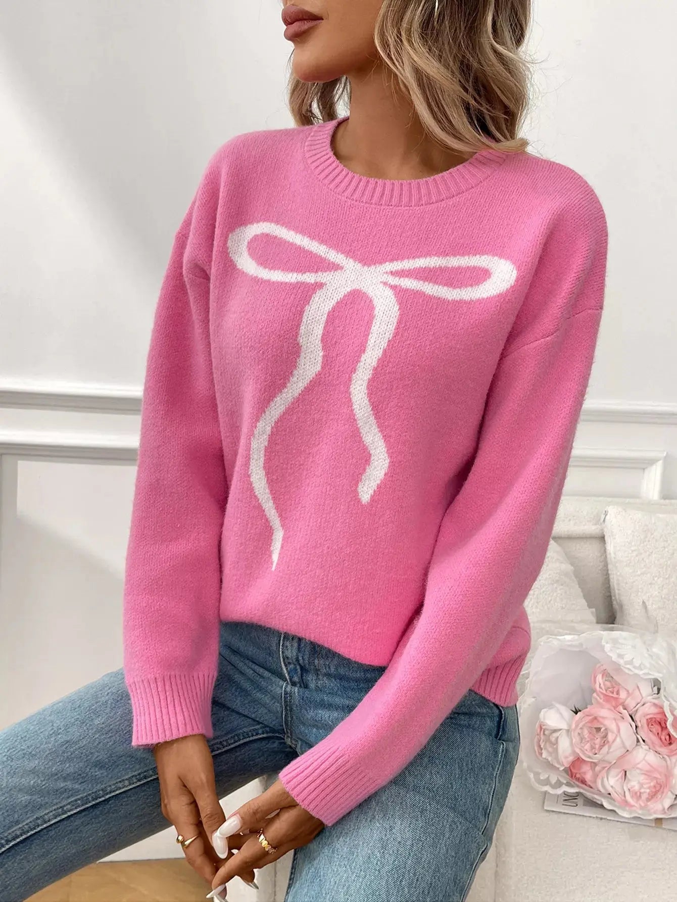 Bow Round Neck Long Sleeve Sweater Simply Love