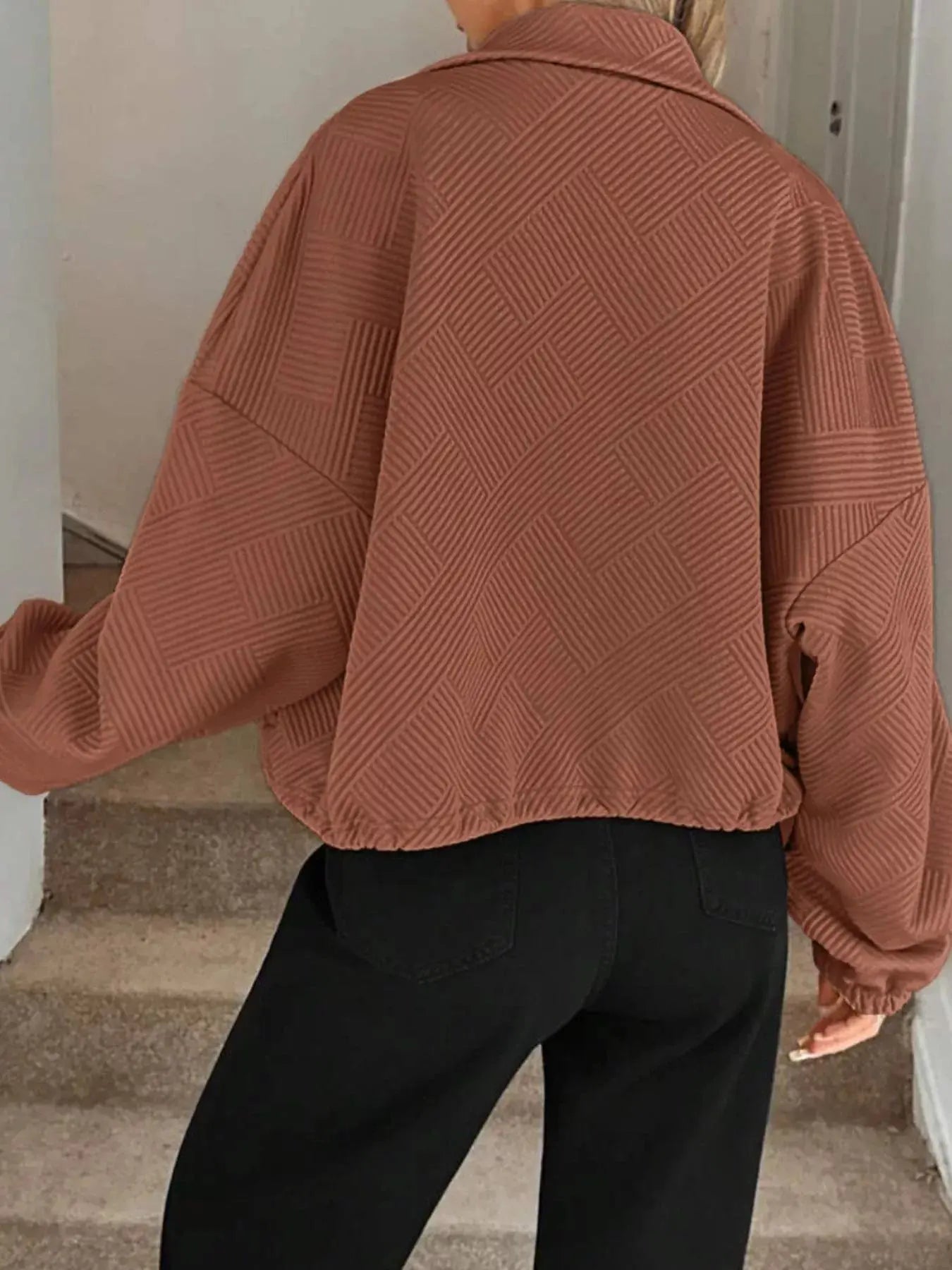 Textured Zip-Up Drawstring Hem Jacket Simply Love