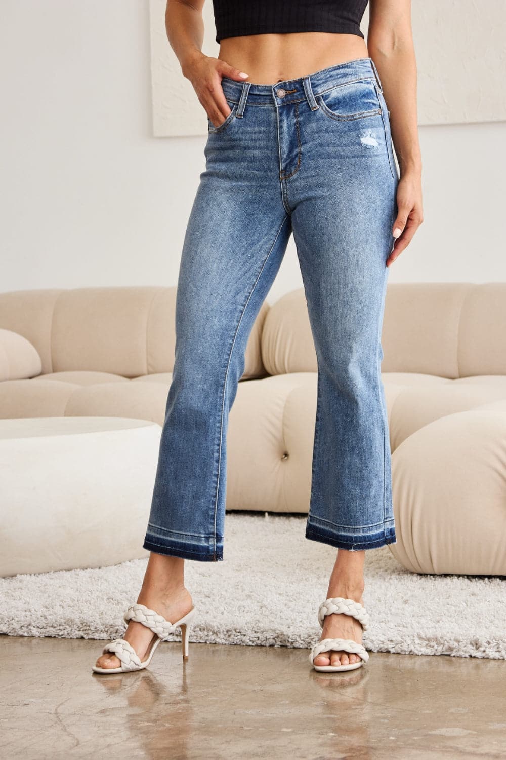 Judy Blue Full Size Release Hem Cropped Bootcut Jeans.