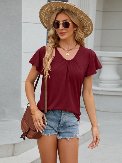 Ruched V-Neck Short Sleeve T-Shirt.