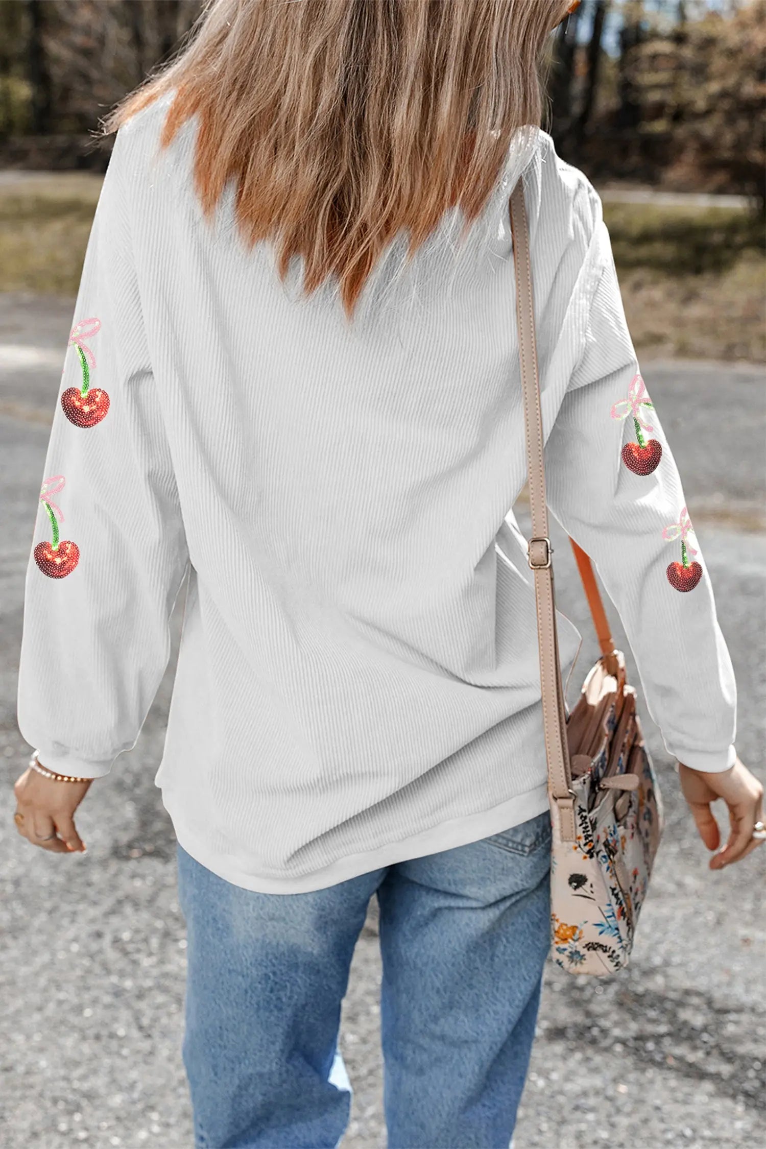 White Corded Ribbed Sequin Cherry Bow Patched Drop Shoulder Sweatshirt Dear-Lover Dropshipping