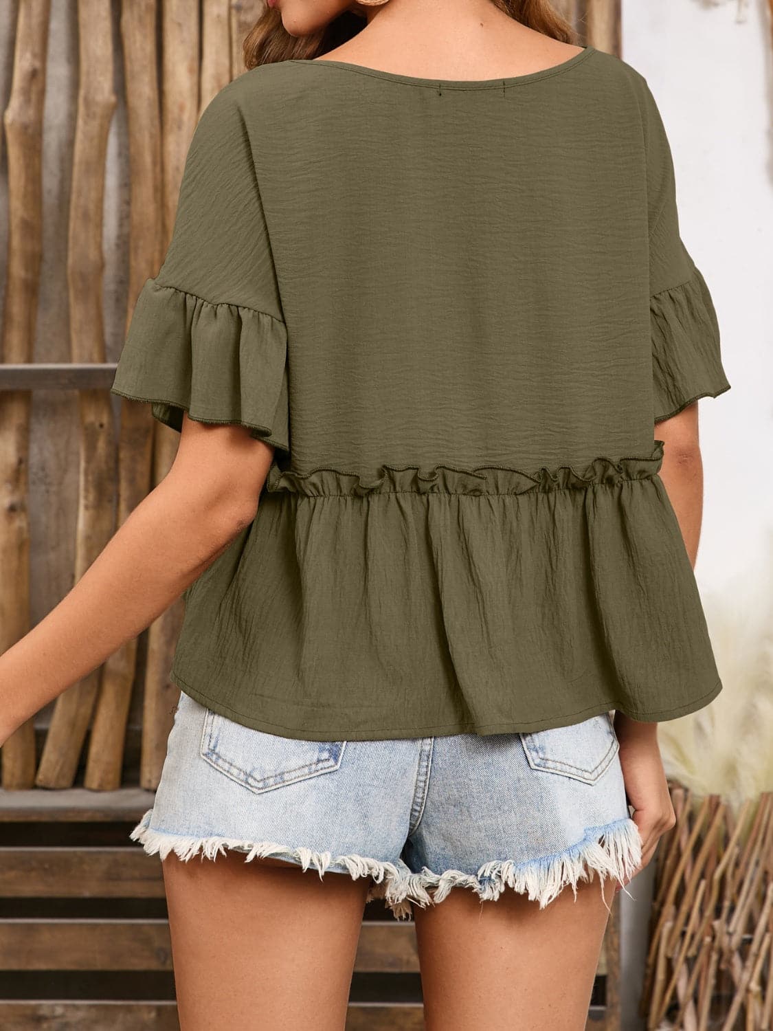 Frill Decorative Button Round Neck Half Sleeve Blouse.