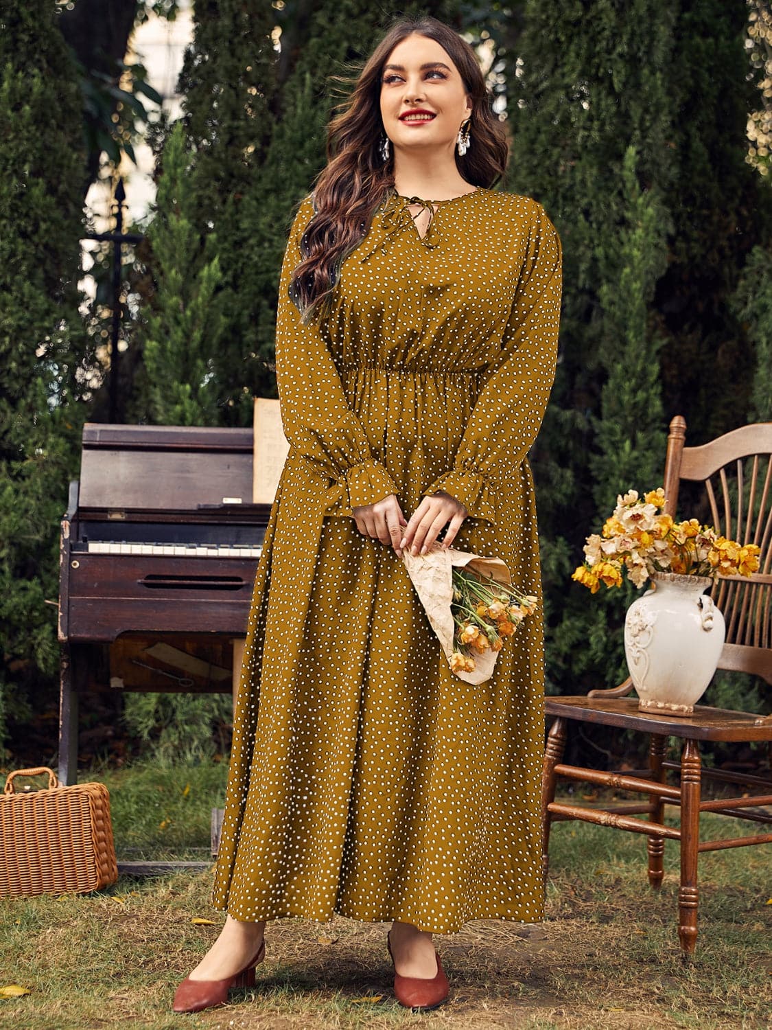 Plus Size Ruffled Polka Dot Long Sleeve Midi Dress.