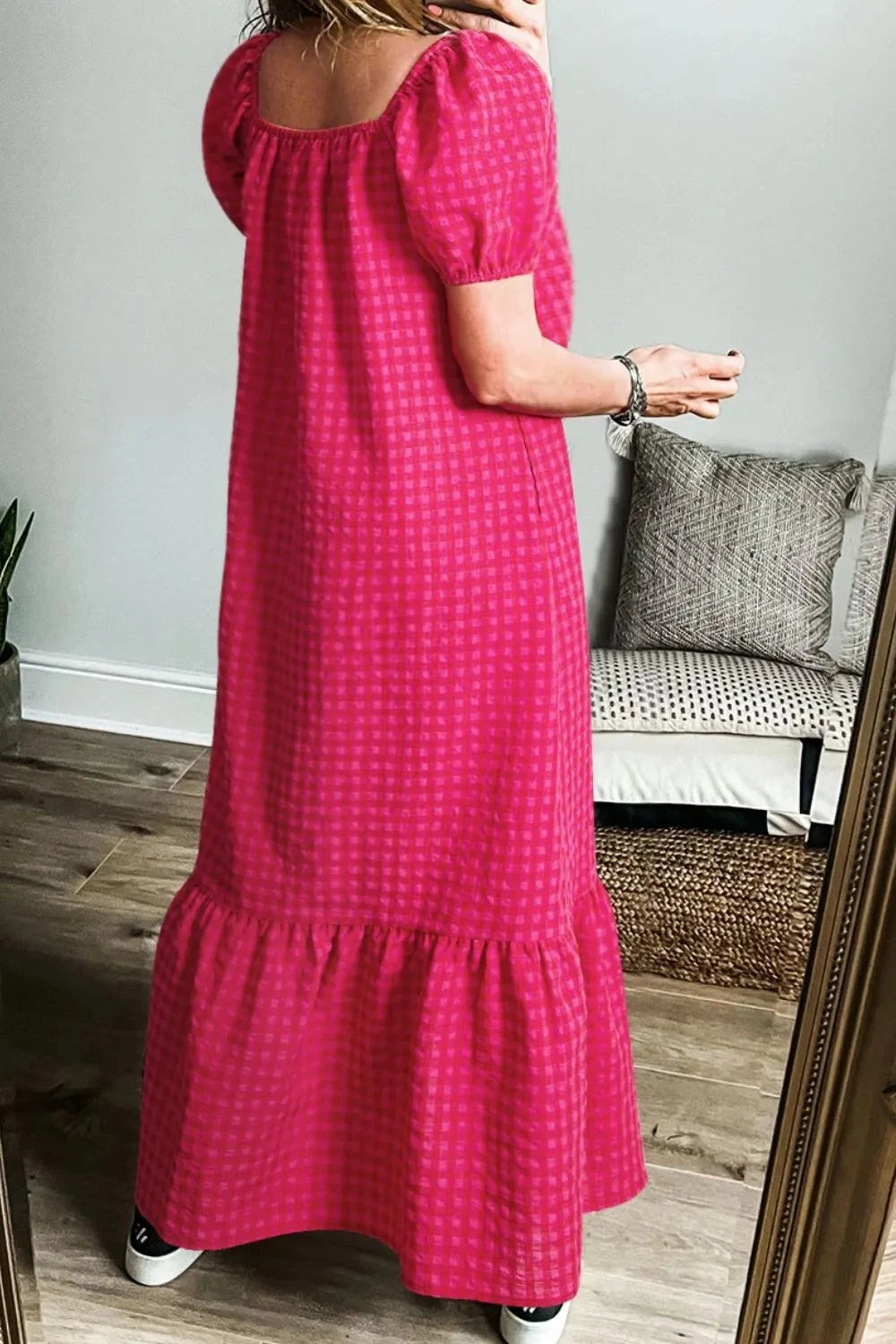 SYNZ Gingham Check Bubble Sleeve Ruffled Maxi Dress Simply Love