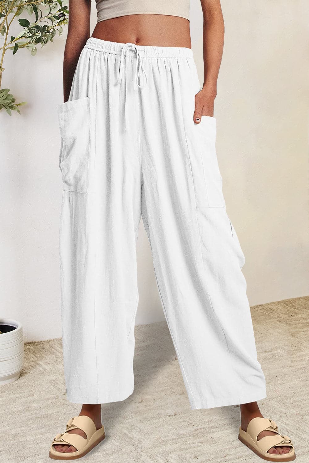 Full Size Pocketed Drawstring Wide Leg Pants.