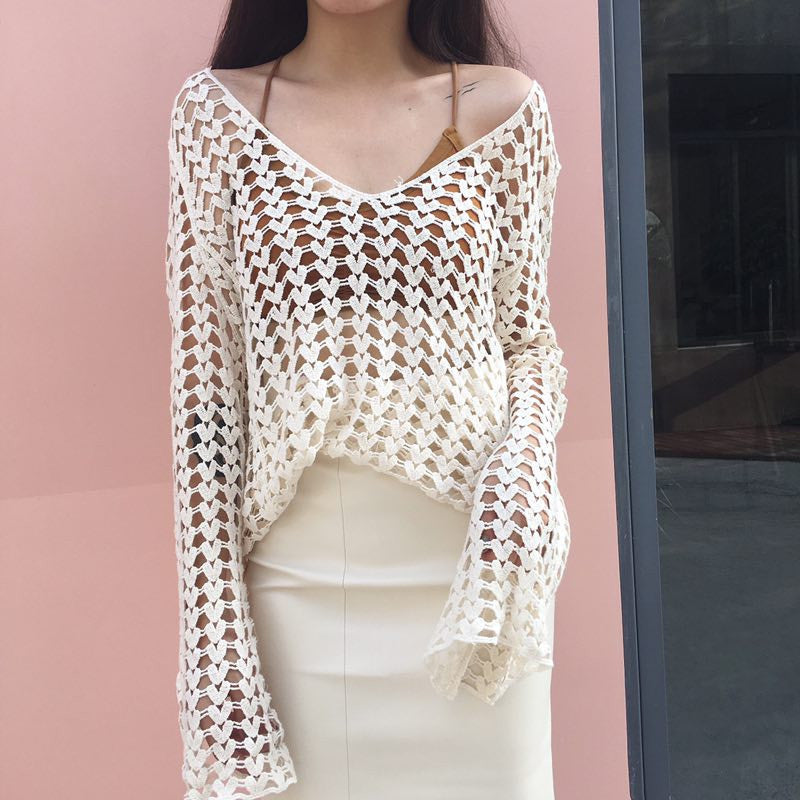 Korean Cotton Thread Hollow Out Cutout Crochet Embroidery Floral Women Long Sleeve Bottoming Shirt Smock Top Sun Protective Blouse Bella Mia