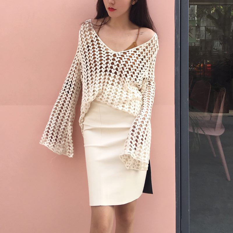 Korean Cotton Thread Hollow Out Cutout Crochet Embroidery Floral Women Long Sleeve Bottoming Shirt Smock Top Sun Protective Blouse Bella Mia