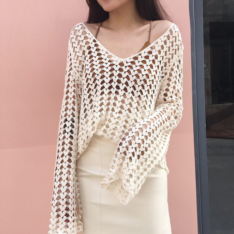 Korean Cotton Thread Hollow Out Cutout Crochet Embroidery Floral Women Long Sleeve Bottoming Shirt Smock Top Sun Protective Blouse Bella Mia