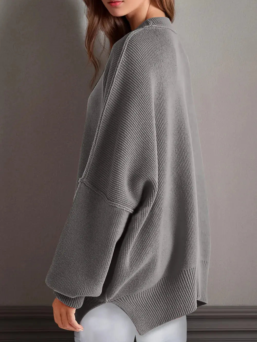 Double Take Side Slit Round Neck Long Sleeve Sweater - Love Salve