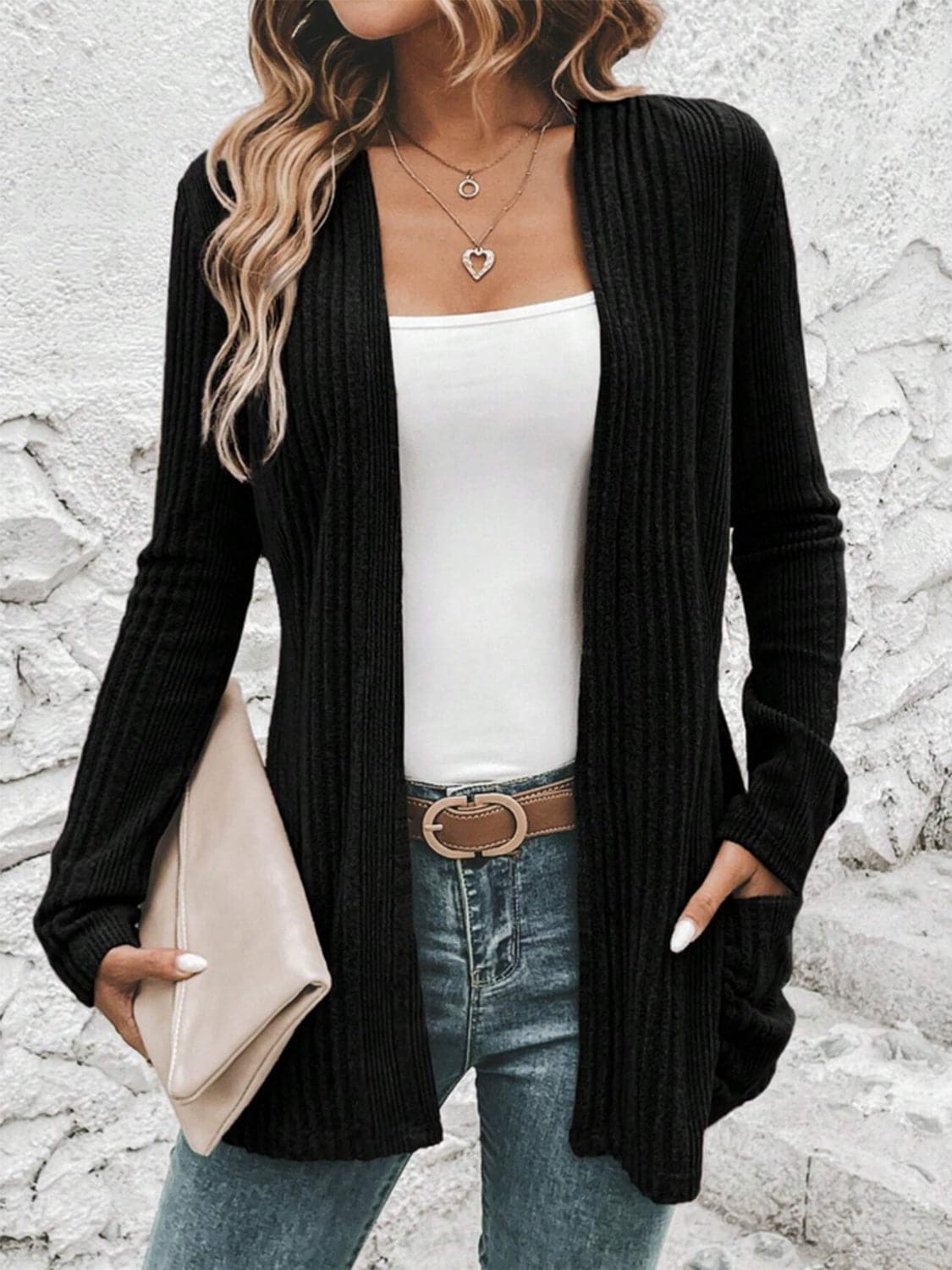 Pocketed Open Front Long Sleeve Cardigan.