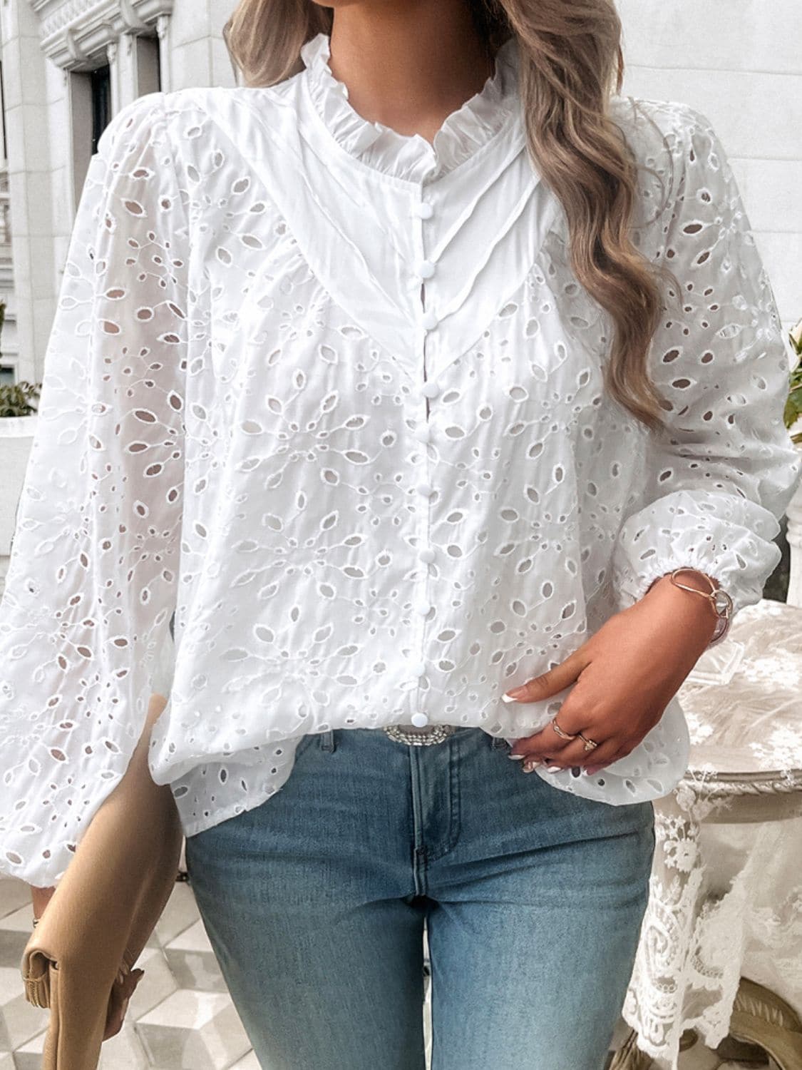 Frill Round Neck Long Sleeve Shirt.