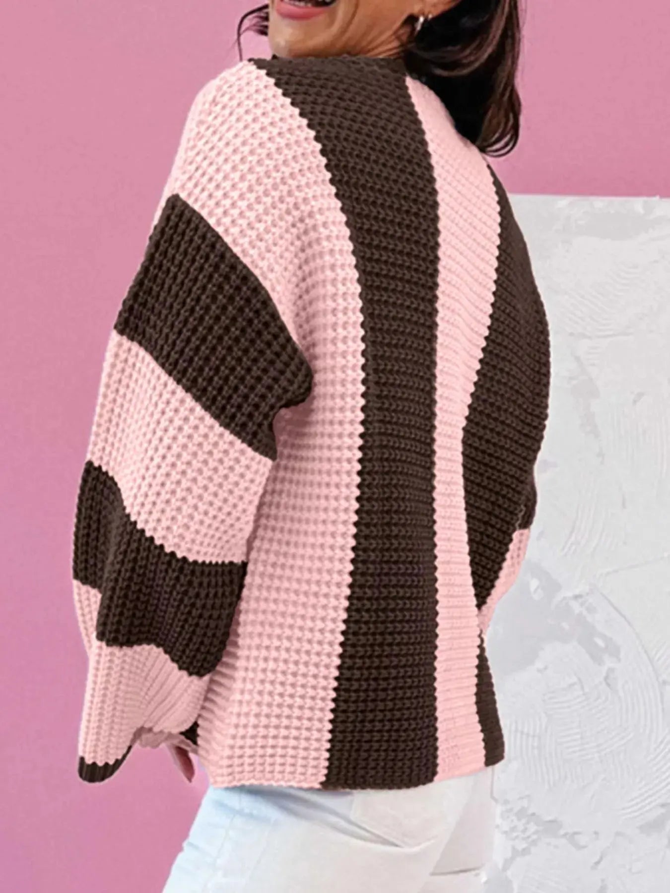 Striped Color Block Waffle Knit Sweater For Women Oversized Simply Love
