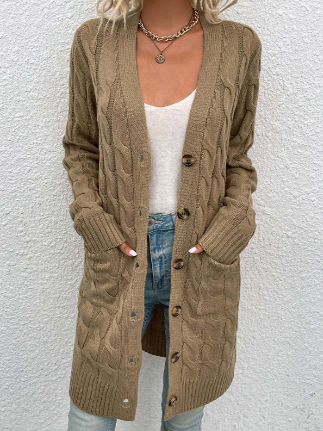 Cable-Knit Button Down Cardigan with Pockets.