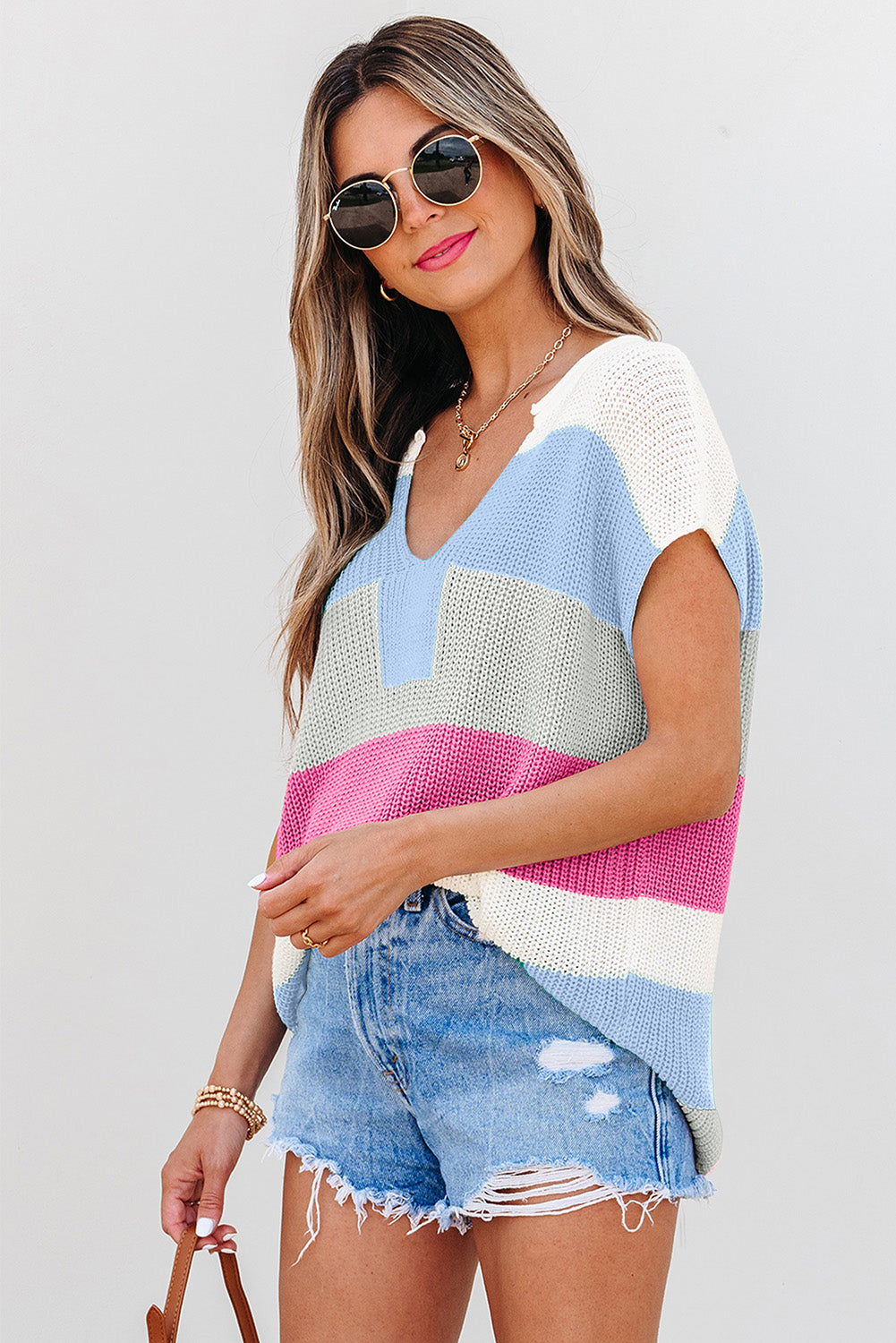 Light Blue Color Block Notch V Neck Sweater T Shirt for Women - Love Salve 