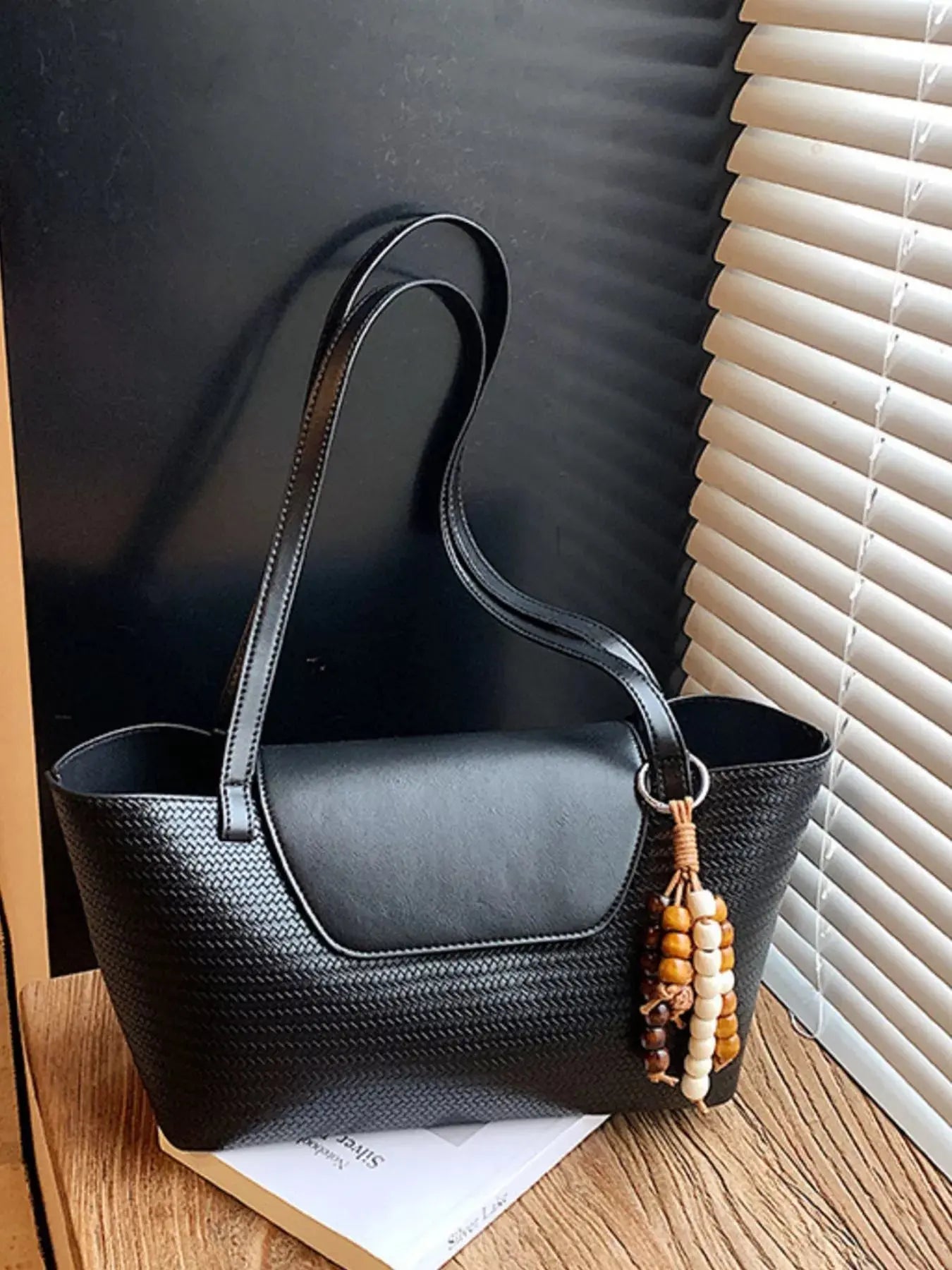 Texture Tote Bag with Beaded Charm Simply Love