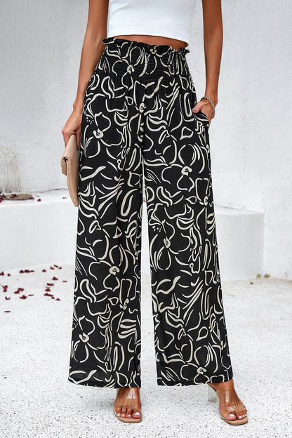 Smocked Printed Wide Leg Pants with Pockets.