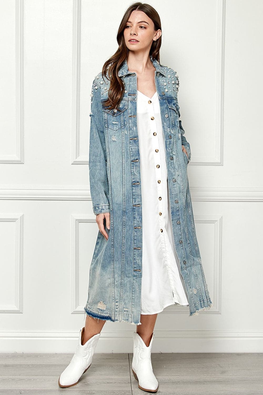 Veveret Full Size Distressed Raw Hem Pearl Detail Button Up Jacket.