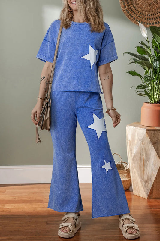 Acid Wash Star Patched Rolled Trim Top and Pants Set - Main product image by Simply Love