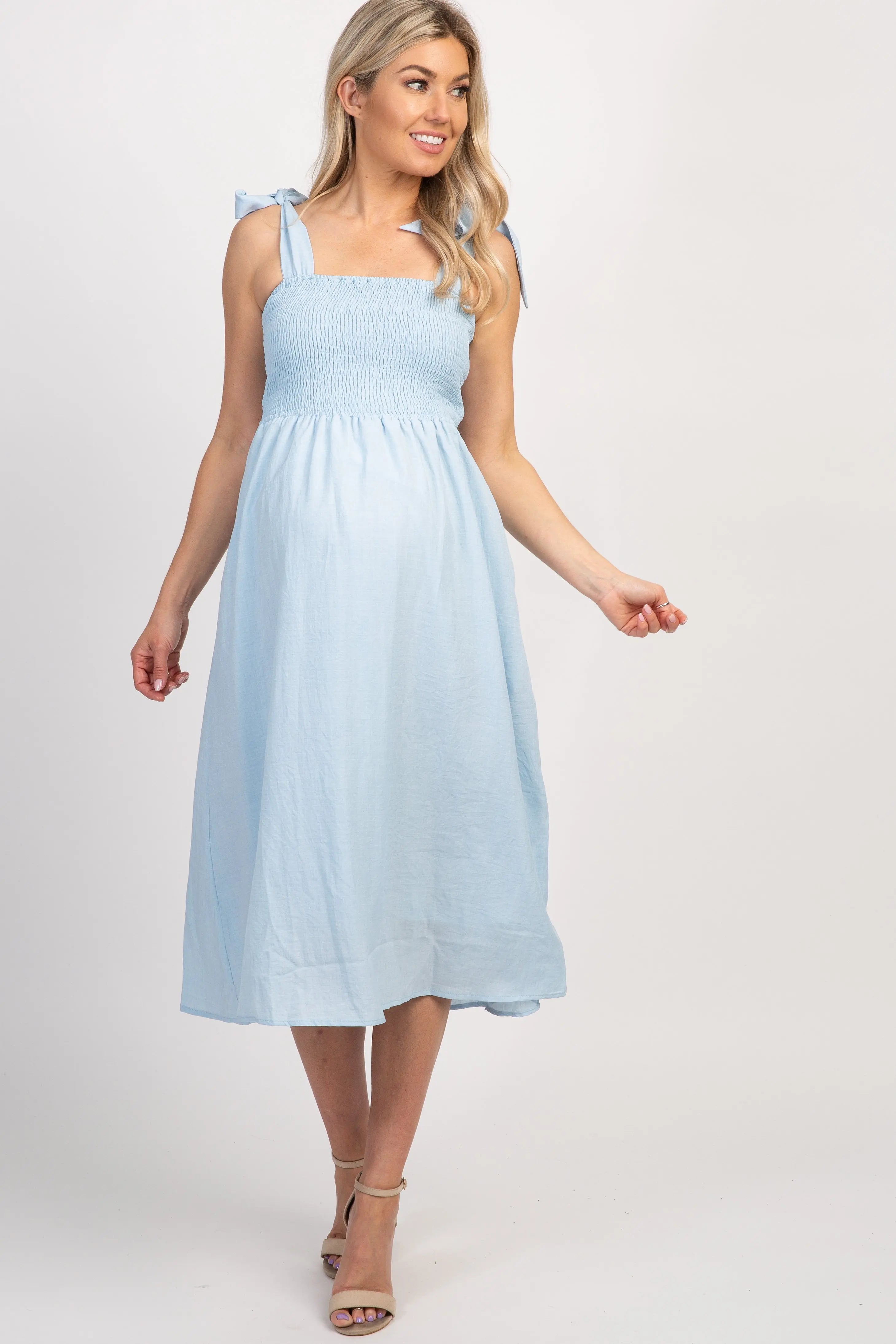 Light Blue Strap Tie Smocked Maternity Dress PinkBlush