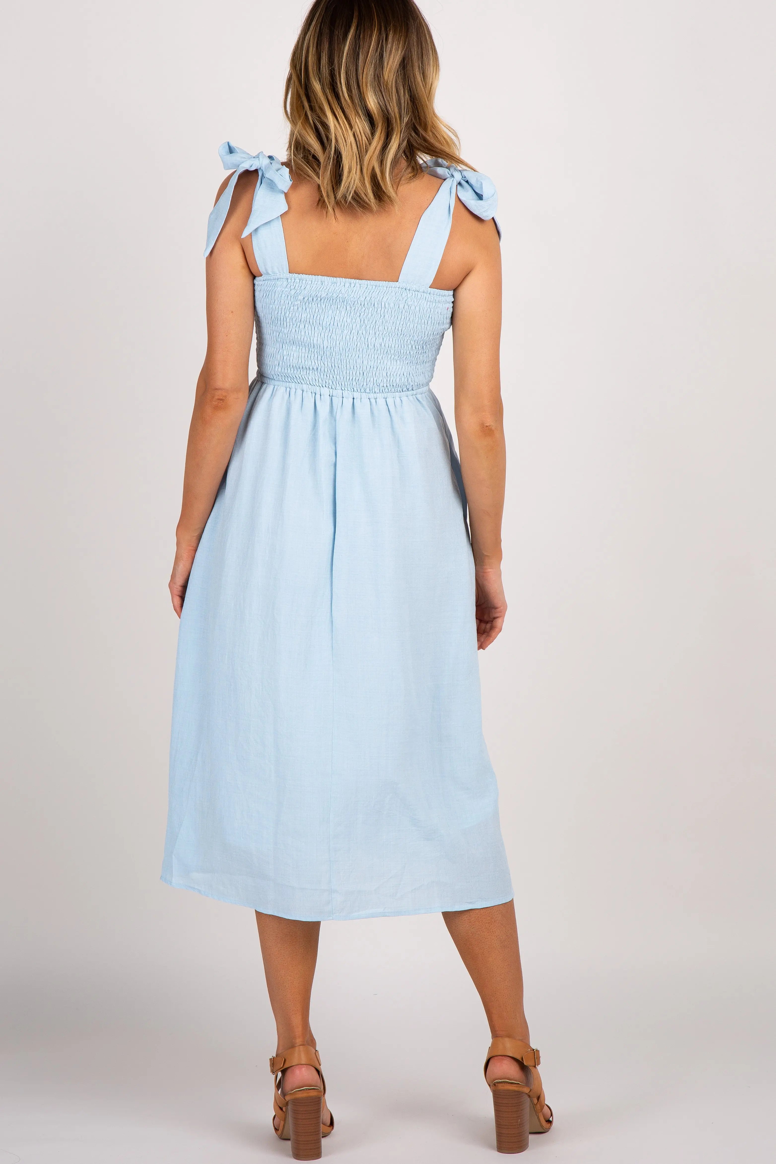 Light Blue Strap Tie Smocked Dress PinkBlush