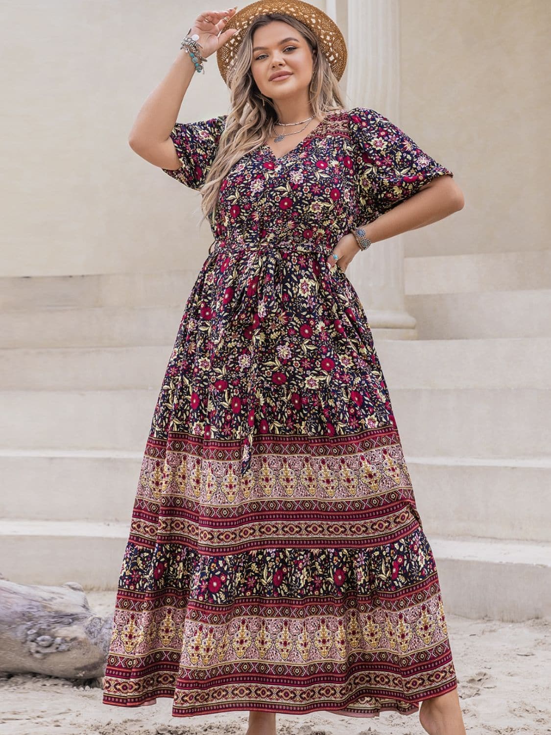 Plus Size Printed V-Neck Short Sleeve Maxi Dress.