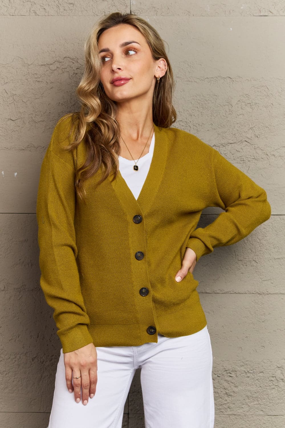 Zenana Kiss Me Tonight Full Size Button Down Cardigan in Chartreuse.