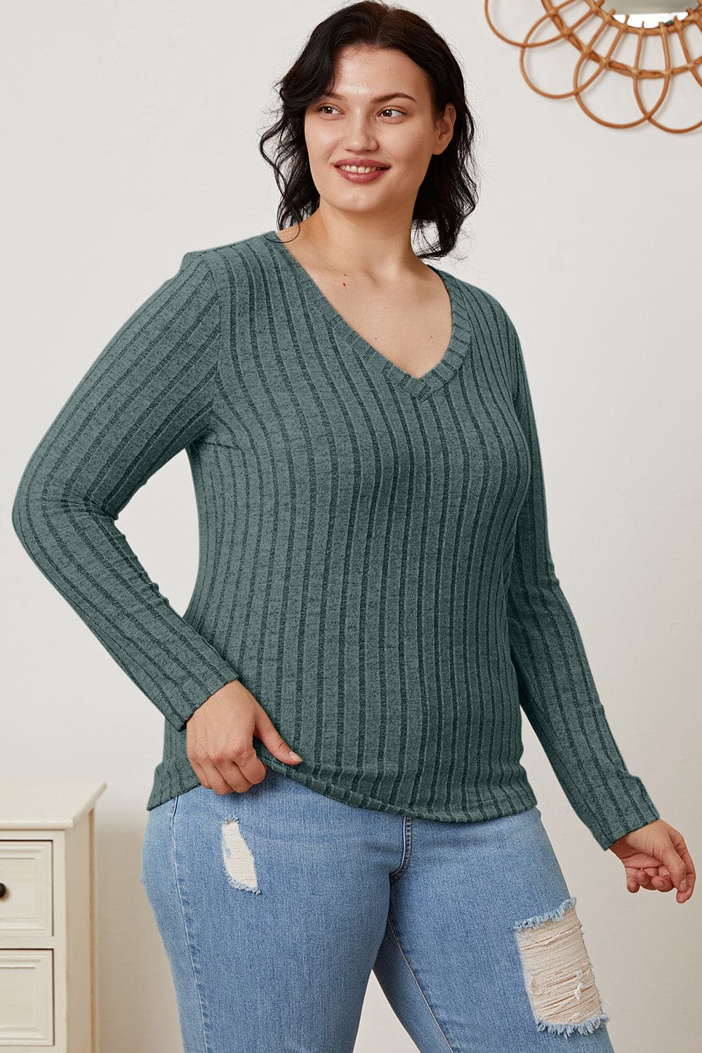 Versatile ribbed v-neck long sleeve tee for every occasion