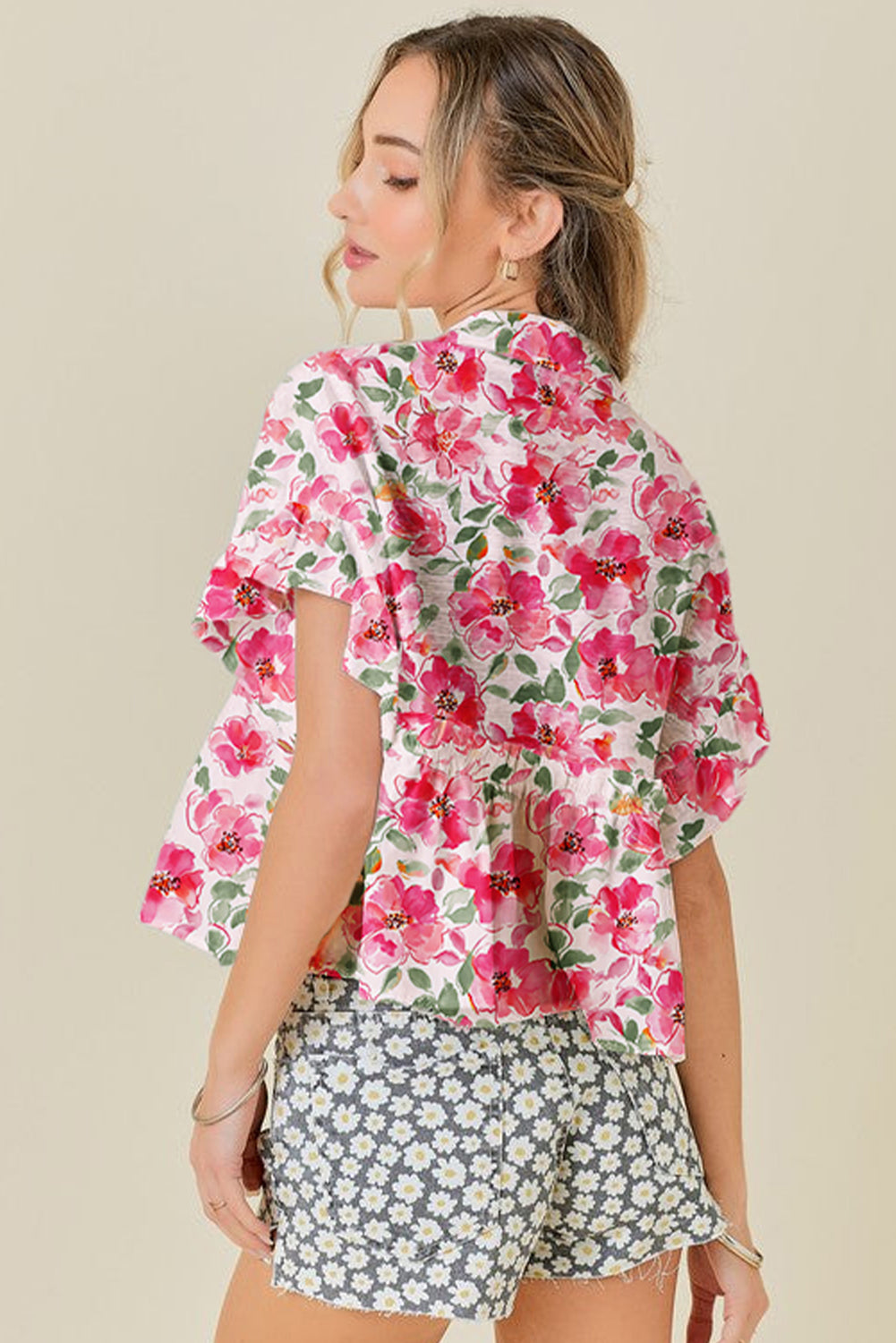 Pink Floral Boxy Fit Ruffled Short Sleeve V Neck Blouse