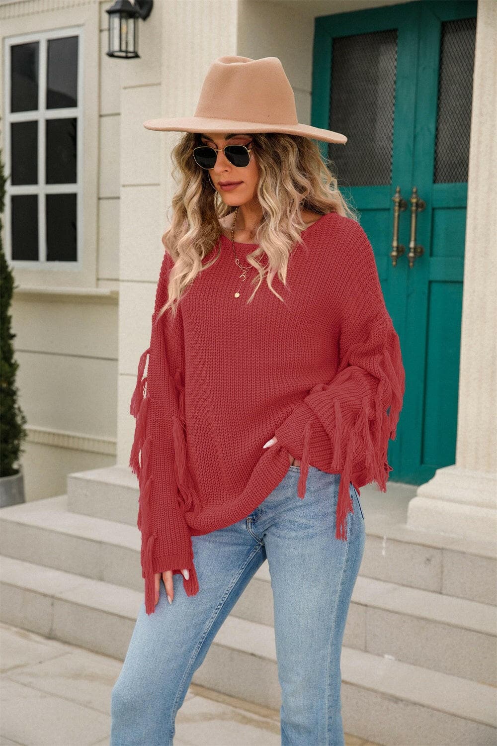 Fringe Round Neck Dropped Shoulder Sweater.