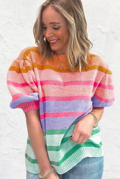 Vibrant Rose Red Striped Bubble Sleeve Sweater