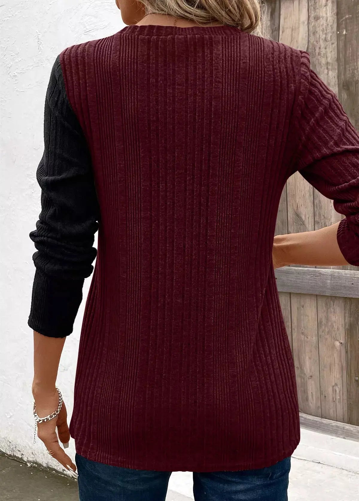 Color Block Ribbed Knit Top With Decorative Buttons Slit Detail Simply Love