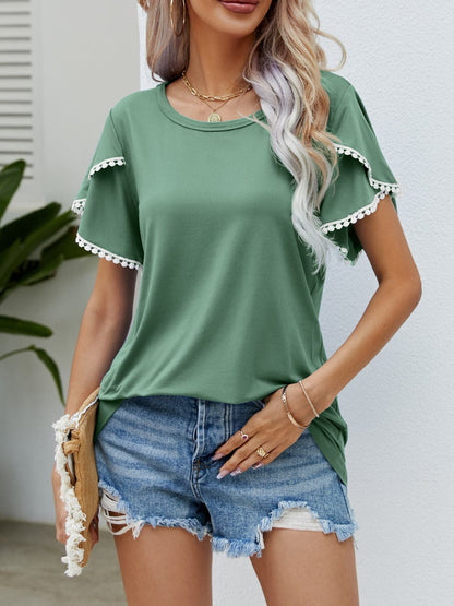 Pom-Pom Trim Flutter Sleeve Round Neck T-Shirt.