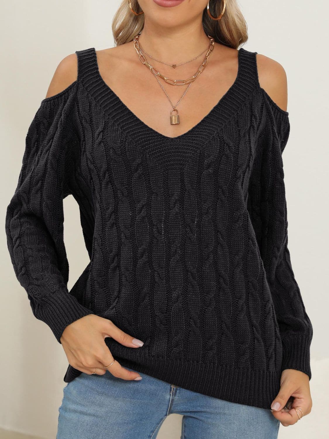 Cozy cable-knit v-neck pullover sweater