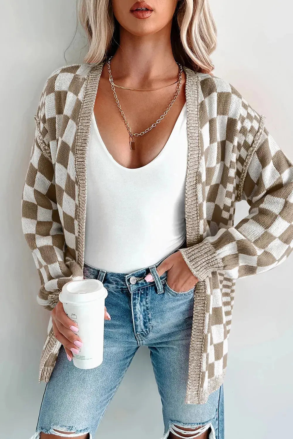 Checkerboard Print Open Front Knit Cardigan Simply Love