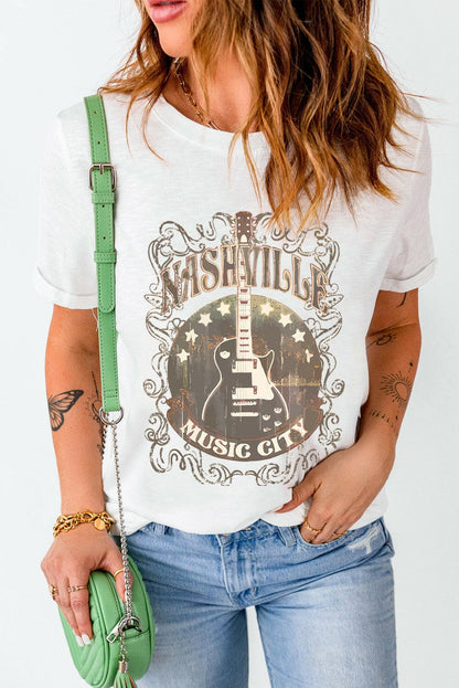 Guitar Graphic Round Neck Short Sleeve T-Shirt.