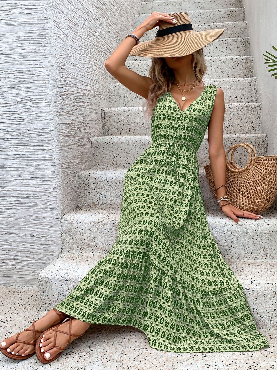 Printed V-Neck Tie Waist Midi Dress.