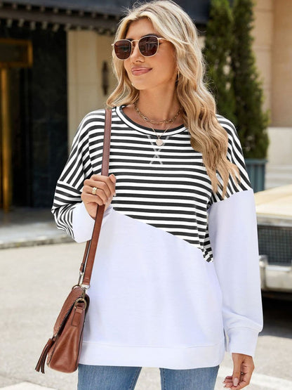 Slit Contrast Striped Long Sleeve Sweatshirt.