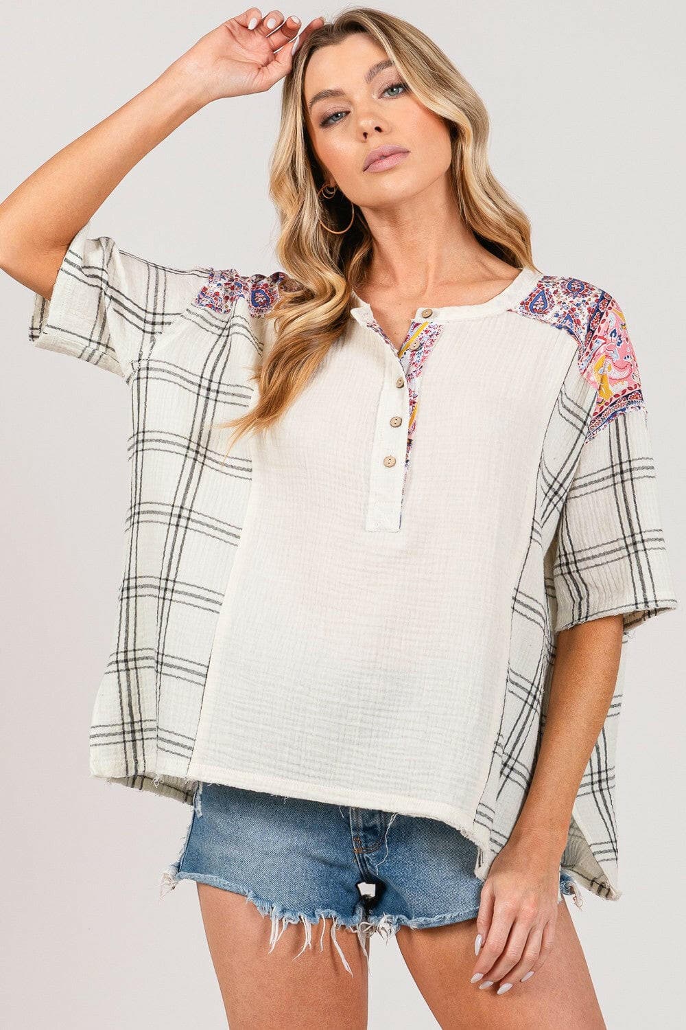 SAGE + FIG Plaid Half Button Gauze Top.