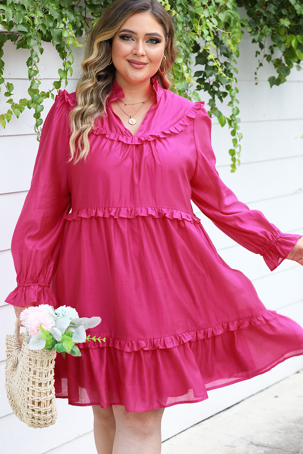 Rosy ruffled bubble sleeve plus size dress