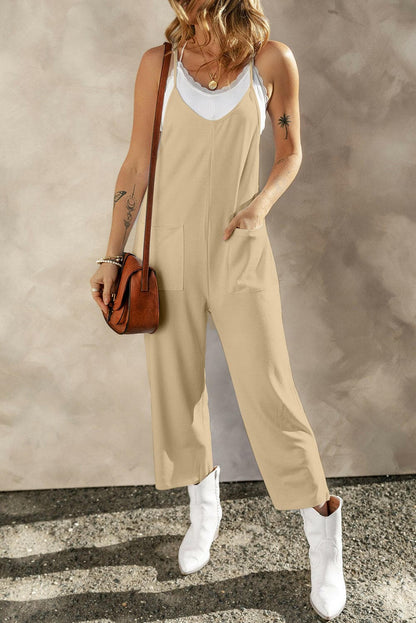 Pocketed Spaghetti Strap Wide Leg Jumpsuit.