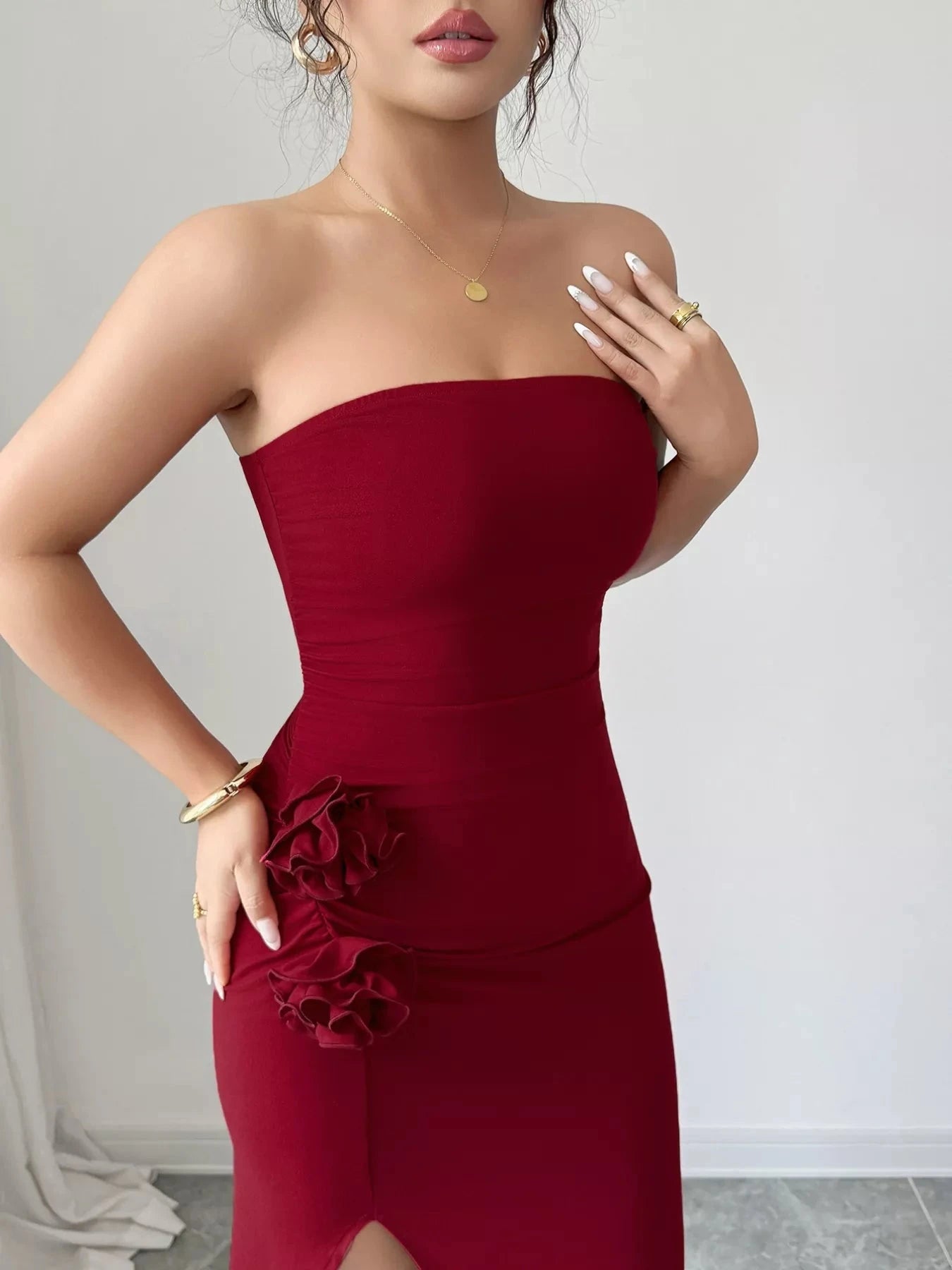 Front Split Strapless Dress with Floral Detail Coco’s Tee Boutique