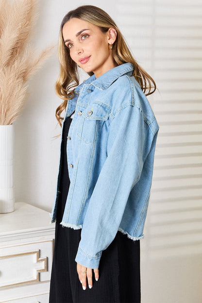 Trendy dropped shoulder denim jacket with raw hem