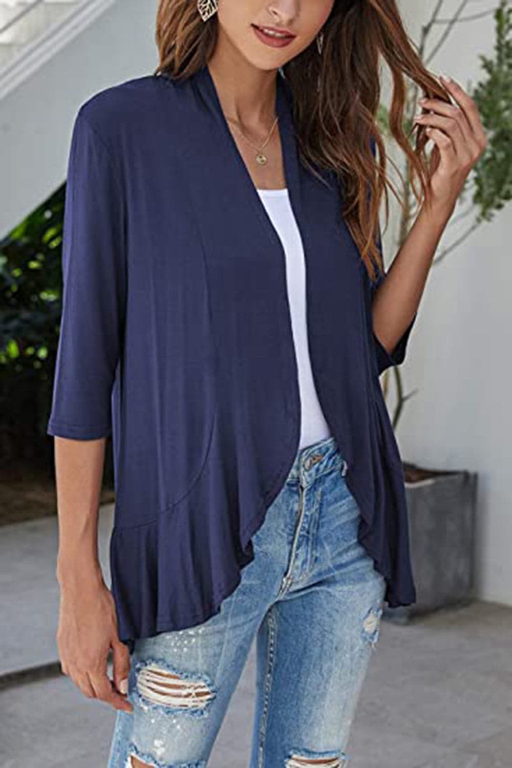 Open Front Three-Quarter Sleeve Cardigan.