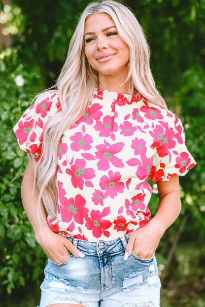 Beige floral puff sleeve blouse